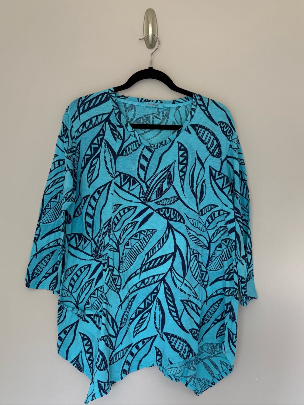 Fresh Produce Ella Tunic Teal Leaf Print Handkerchief Hem V Neck 3/4 Sleeve L